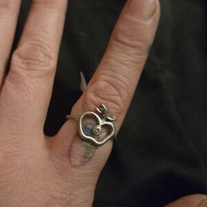 Vintage Sterling Silver Apple Ring 🍎 • Crystal Accent • Marked STERLING
